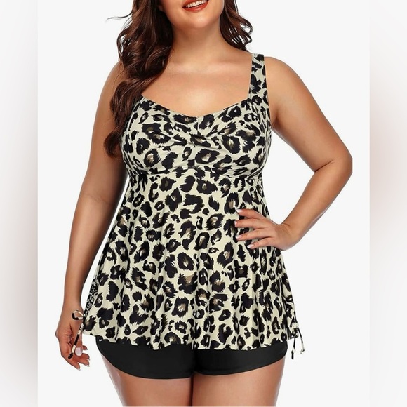 Women Leopard Plus Size Tankini Swimsuit Flowy Swimdress Bathing Suit Boy Shorts - Picture 2 of 10